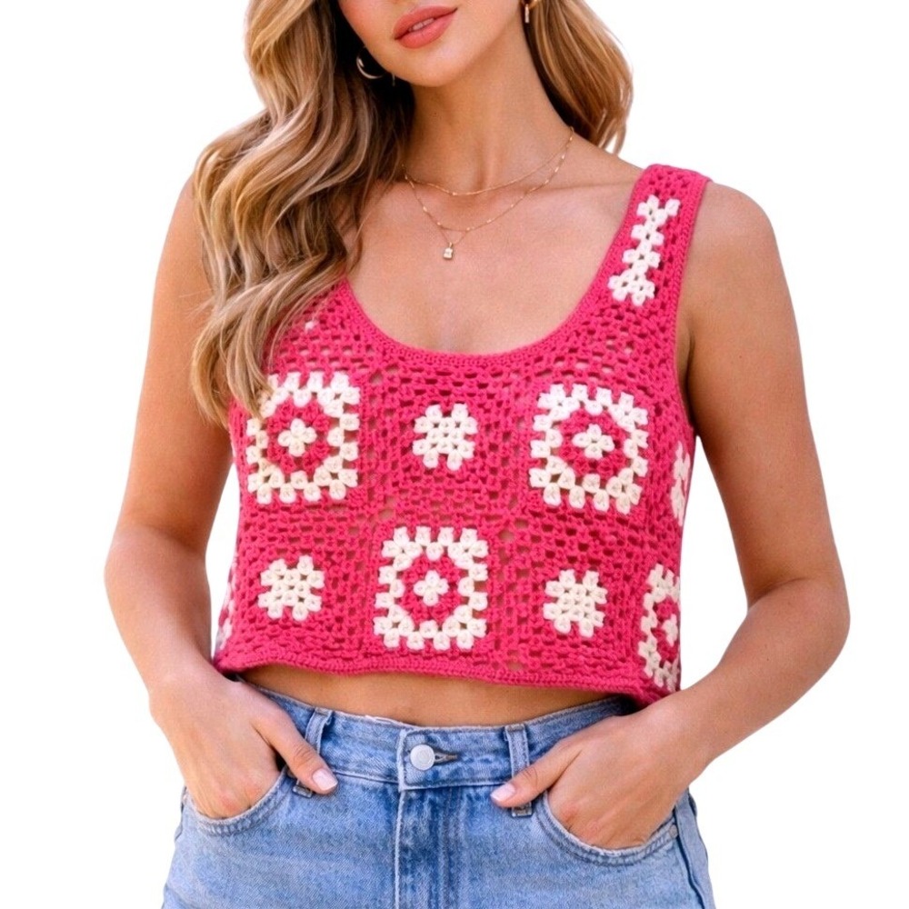 Forever 21 Pink Crochet Grannycore Square Tank Top Sleeveless‎ Sweater Crop M